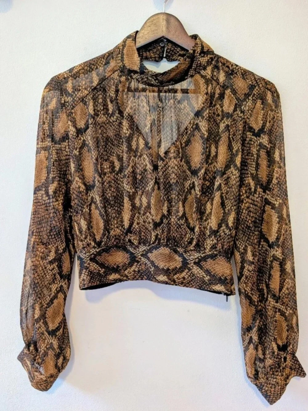 Zara Snake Gold Dramatic Balloon Sleeves Sheer Crop Top